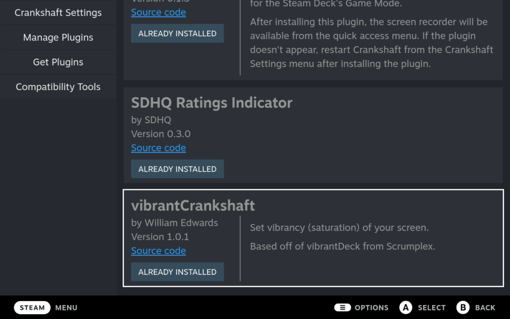 vibrantCrankshaft Steam Deck plugin