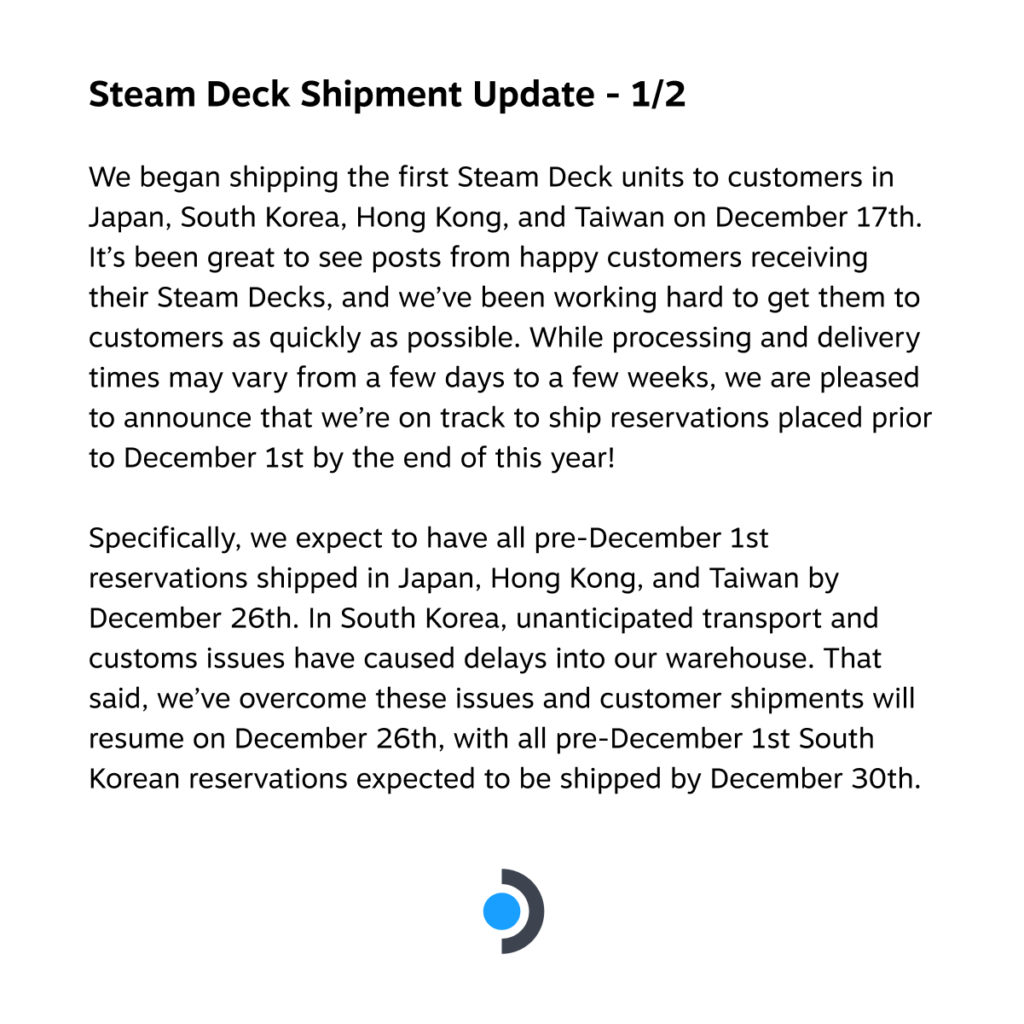 Steam Deck Shipment Update