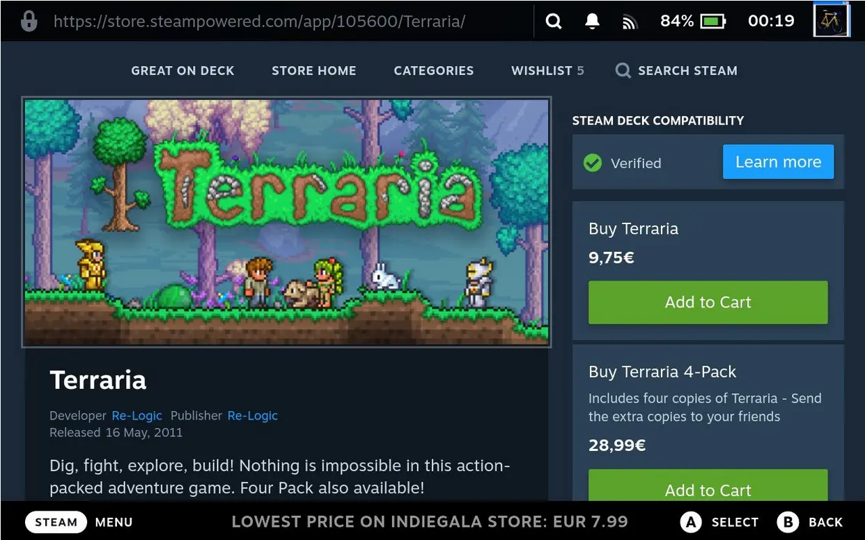 Terraria Steam Store page on Steam Deck with isthereanydeal plugin.
