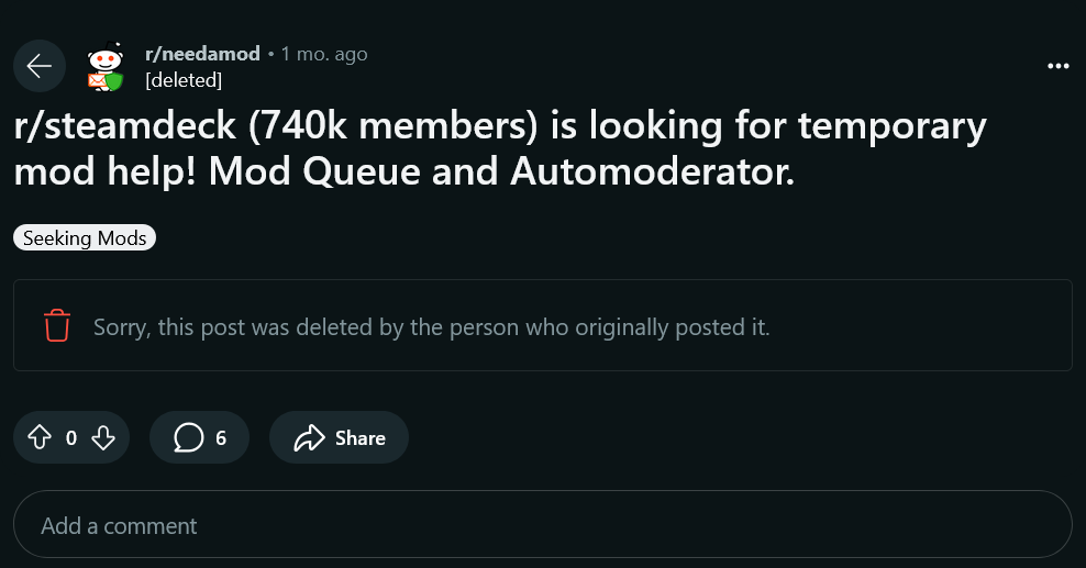 Screenshot 2024 11 04 at 19 59 18 r steamdeck 740k members is looking for temporary mod help Mod Queue and Automoderator. r needamod