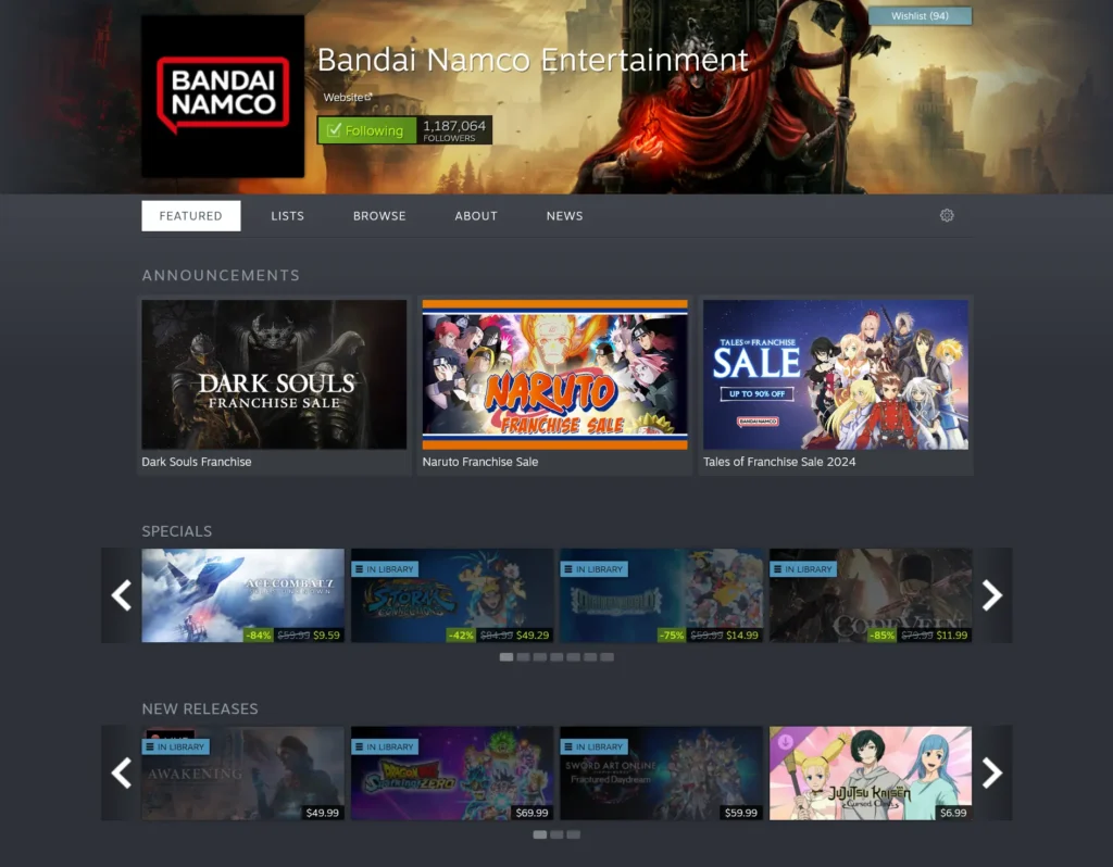 Screenshot 2024 11 05 at 03 03 29 Steam Developer Bandai Namco Entertainment