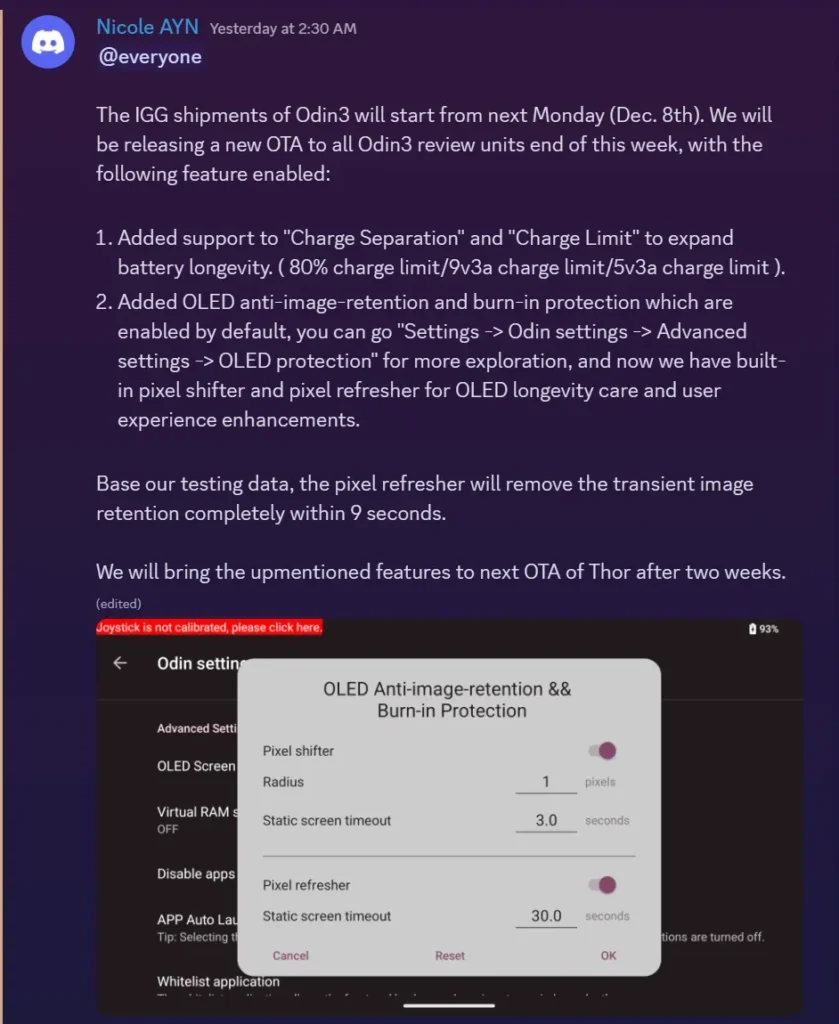 AYN Odin 3 Will Get Charge Limits And OLED Burn-In Protection Ahead Of Release 2 AYNOdin3AnnouncementForOLEDBurnIn