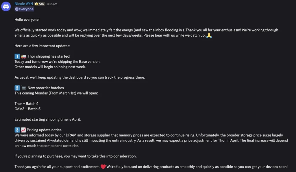 AYN Thor Discord Price Increase in April