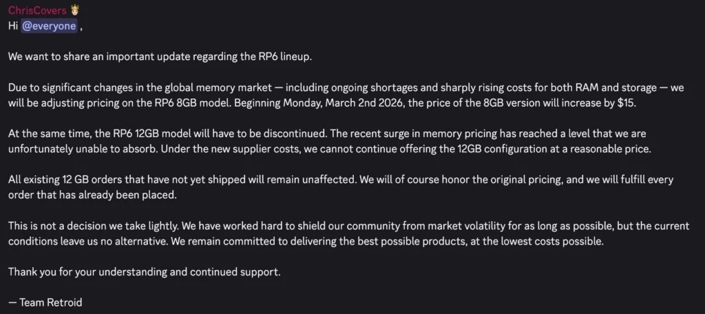 Retroid Discontinues 12GB Pocket 6 and Raises 8GB Price 1 Retroid Pocket 6 12GB Discontinued