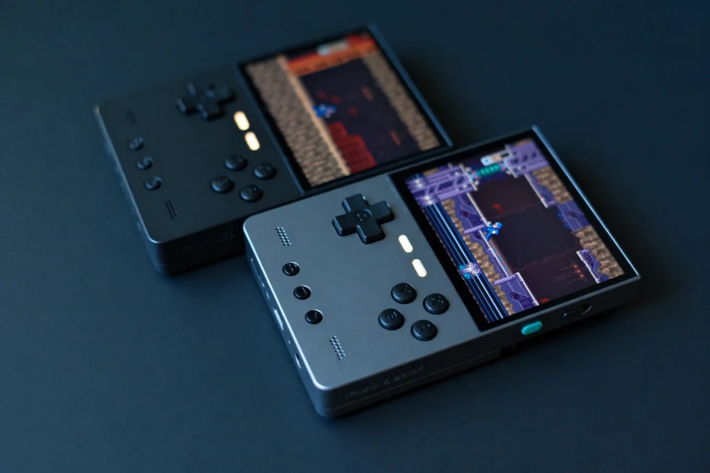 TrimUI Brick Hammer and OG Laying Down Angled1